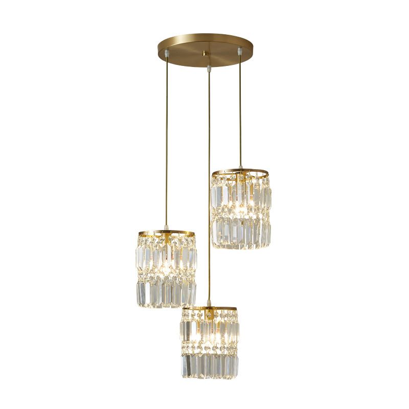 Crystal Prism Cylindrical Multi Pendant Modern 3 Heads Brass Ceiling Light with Round/Linear Canopy