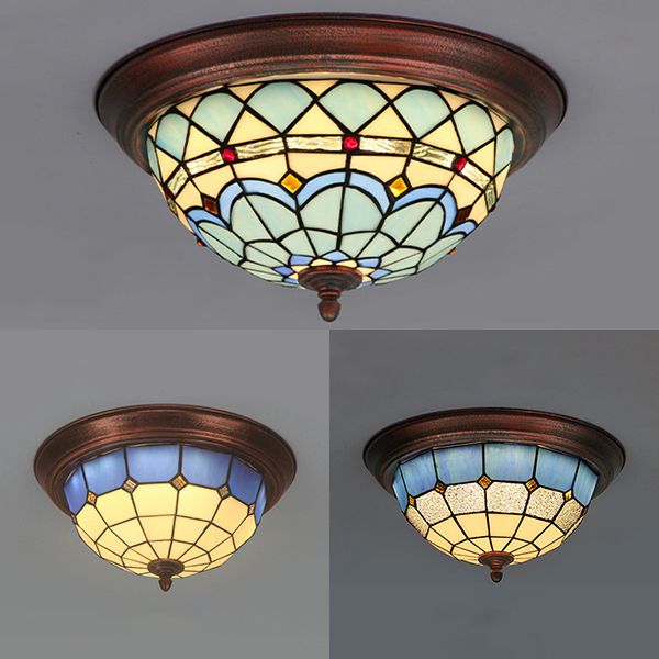Industrial Vintage Dome Shape Flushmount Ceiling Light Stained Glass 1 Light Flush Mount Ceiling Fixture in White/Clear/Blue