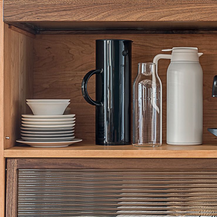 Glass Door Pine Wood Sideboard Modern Server Cabinet with Storage for Kitchen