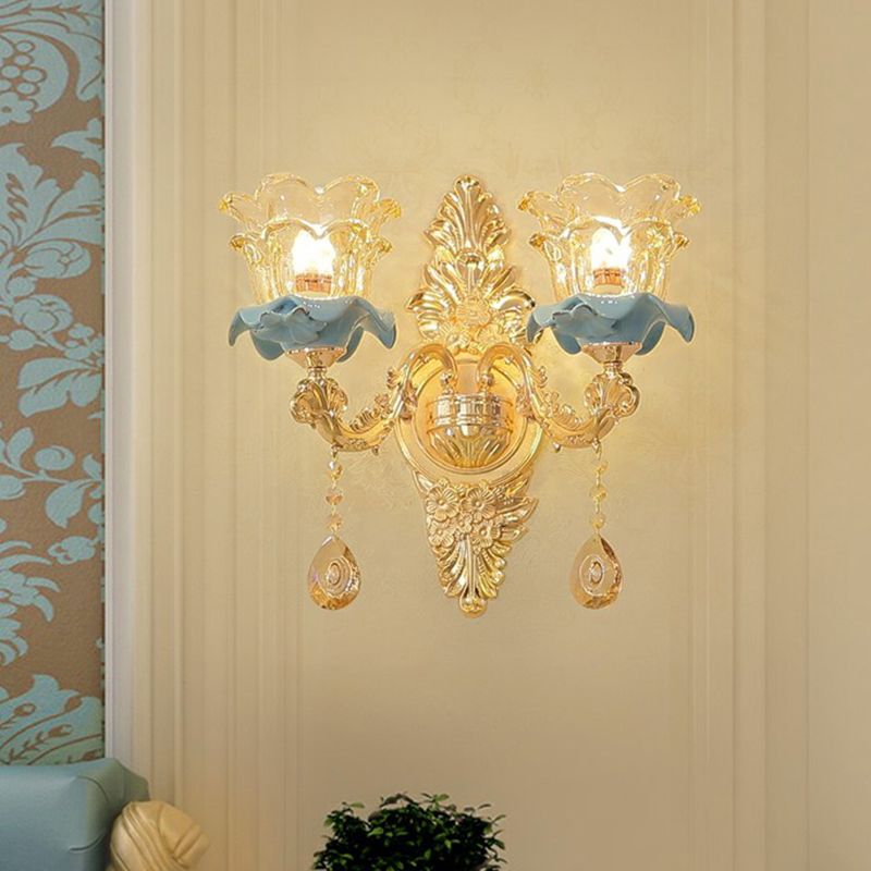 Floral Glass Wall Lighting Fixture Traditional 2-Light Corridor Wall Mount Lamp in Gold