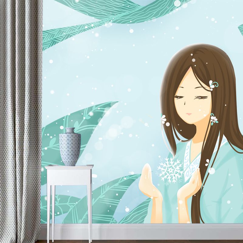 Aqua Leaf and Girl Mural Wallpaper Waterproofing Childrens Art Bedroom Wall Decor