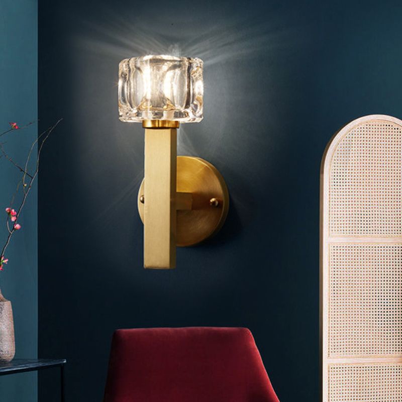 Contemporary Cube Flush Wall Sconce Crystal 1/2 Lights Sconce Light Fixture in Brass