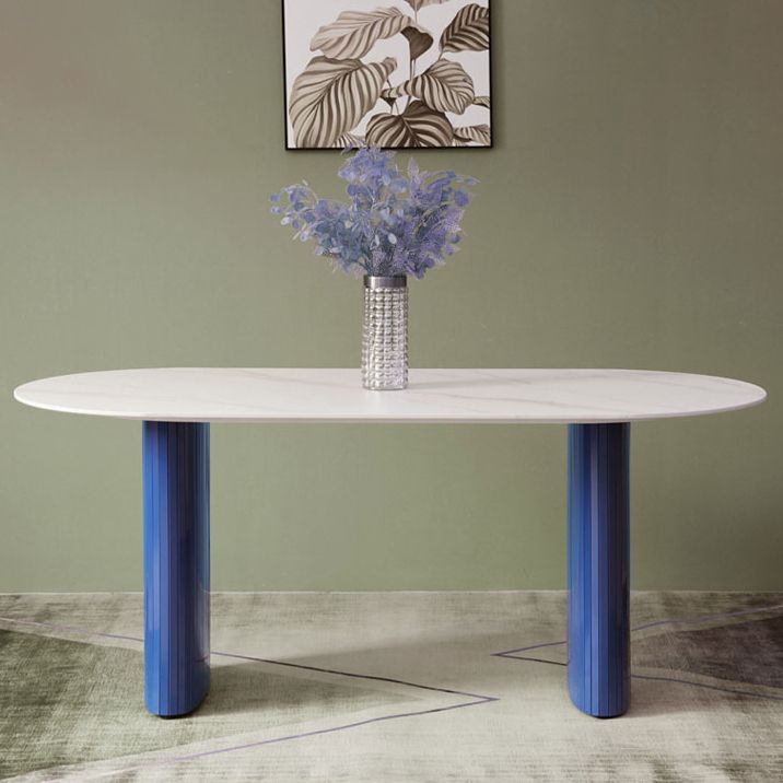 Tavolo da pranzo in pietra di pietra bianca e blu moderna tavolo da pranzo a forma ovale con doppia basi di piedistallo