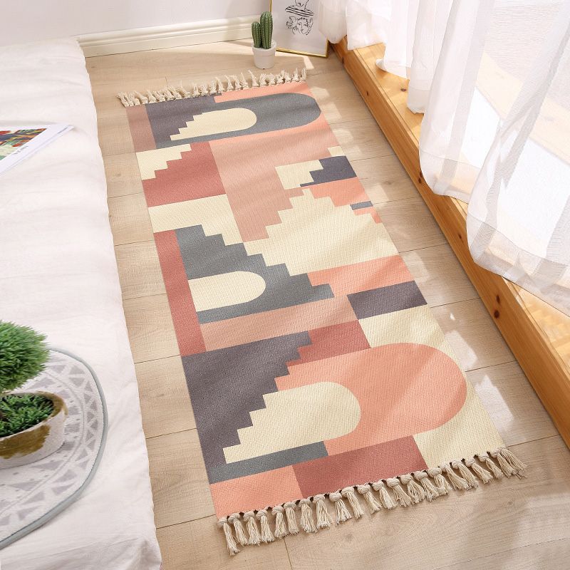 Americana Bedroom Rug Multi-Colored Geometric Print Area Rug Machine Washable Easy Care Carpet with Tassel