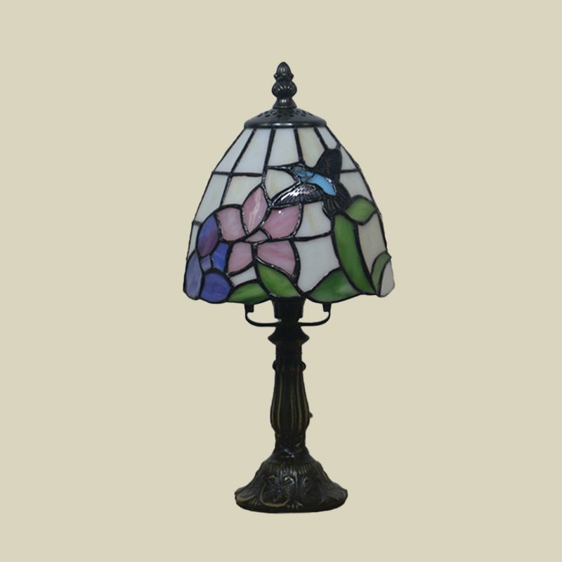 Beige/Pink Bowl Night Lamp Mediterranean 1 Bulb Hand Cut Glass Floral/Peacock Tail Patterned Table Lighting for Bedside