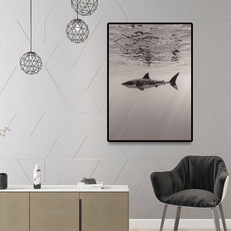 Grey Shark Wall Art Decor Underwater World Modern Textured Canvas Print for Dining Room