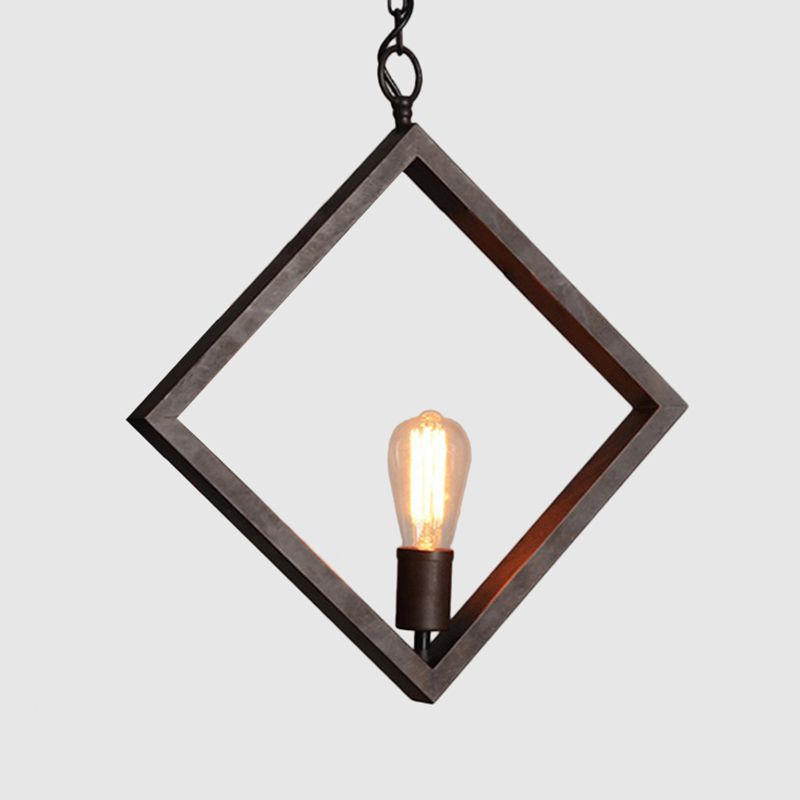 Black 1 Head Suspension Light with Bare Bulb Design Industrial Metal Square Frame Ceiling Pendant Lamp