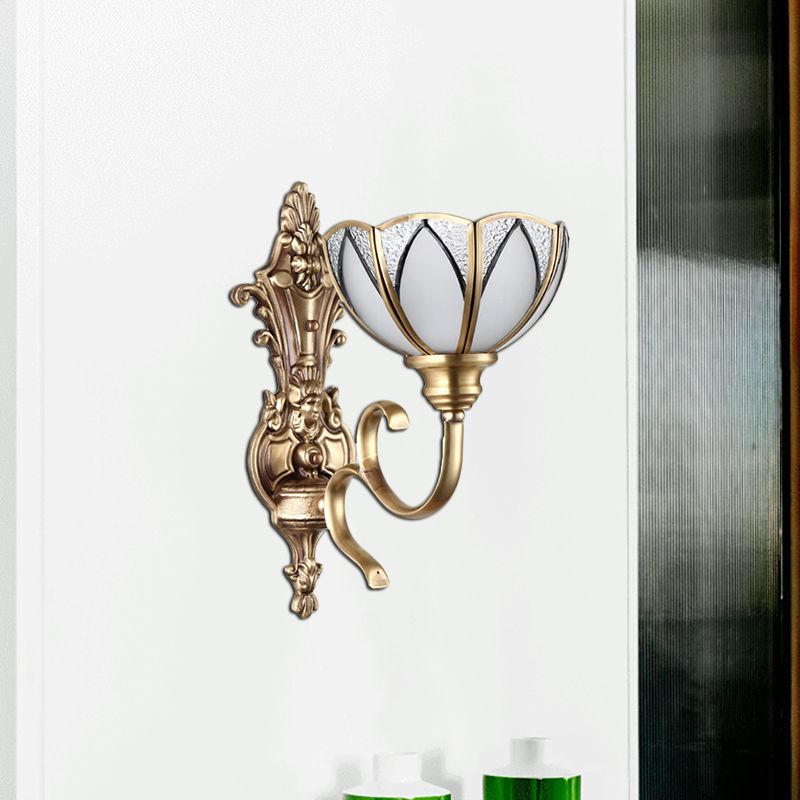 Bowl Hallway Wall Lamp Traditional Metal 1/2 Heads Brass Wall Mounted Light with White Glass Shade