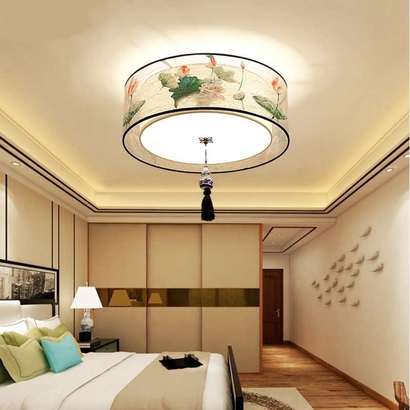 Traditional Classic Geometric Flush Mount Wrought Iron Indoor Ceiling Light with Fabric Shade