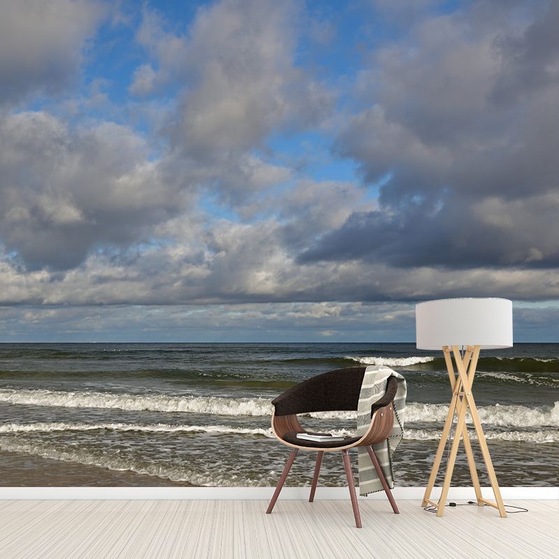 Blue Beach View Mural Wallpaper for Sitting Room, Custom Size Available