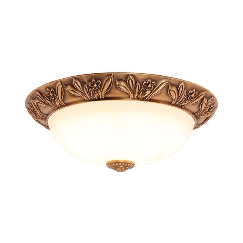 Cream Glass Bronze Flush Mount Light Flower/Leaf/Floral-Trimmed Bowl Traditional LED Ceiling Light Fixture, 12"/16" W
