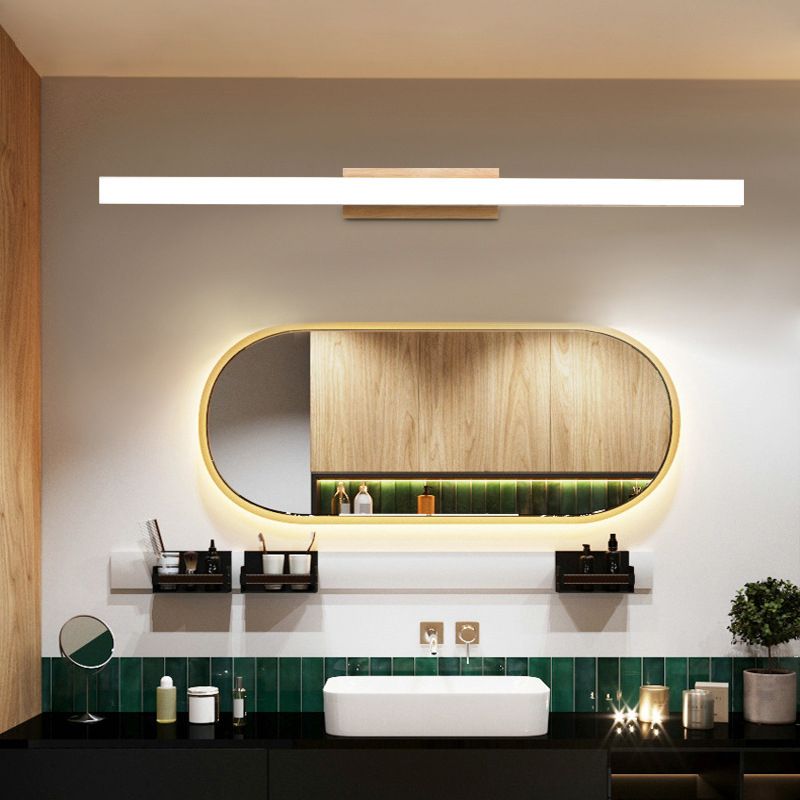 Natural Oak Linear Bathroom Vanity Light Fixture Acrylic Anti-fogging Shade Vanity Mirror Light