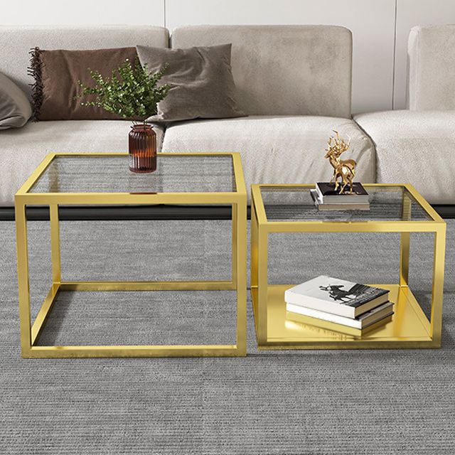 Contemporary Square Nesting Coffee Table Set with Glass Top and Iron Base