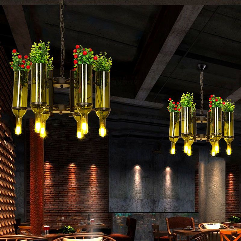 Metal Green Hanging Pendant Radial 6 Heads Industrial Chandelier Pendant Light with Plant Design