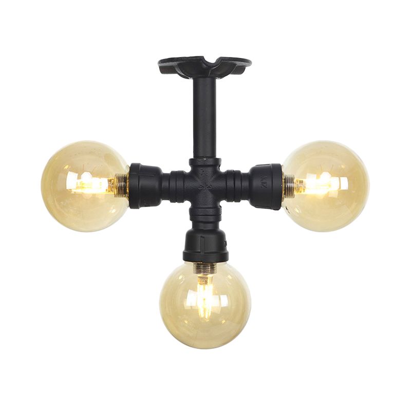3/4 bulbes Semi-mont Lighting Corridor Corridor Flush Lampe With Globe Amber Glass Shade en noir