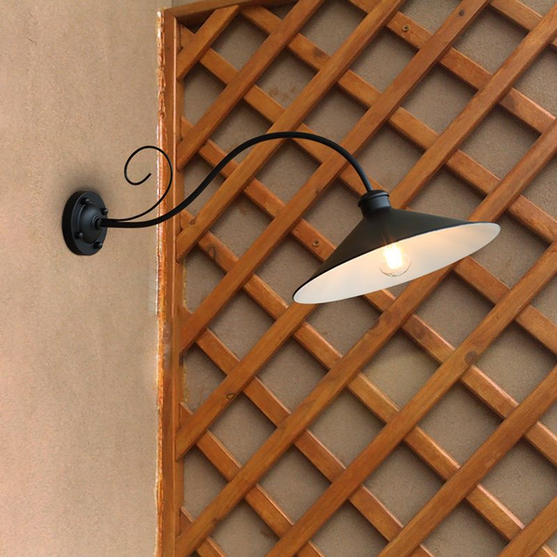 Antiqued Flared Wall Light Fixture 1-Light Metal Sconce Lamp in Black/Black and White with Curved Arm for Outdoor