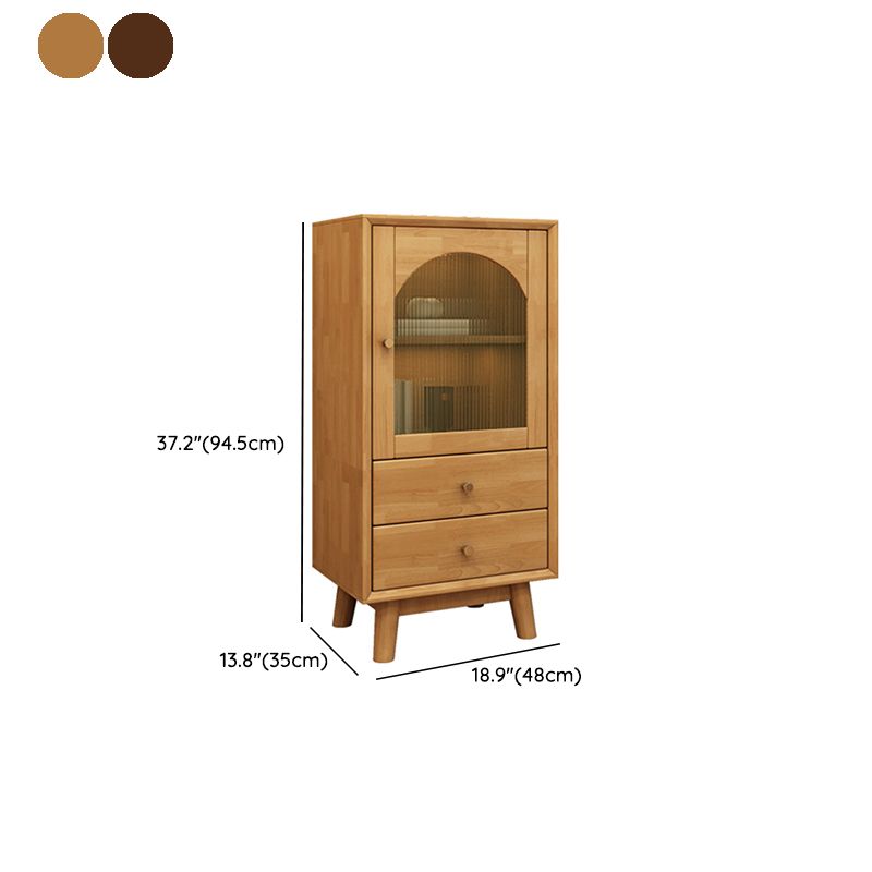 Mid Century Solid Wood 1-Door Cabinet Glass Paned Side Cabinet with 2-Drawer