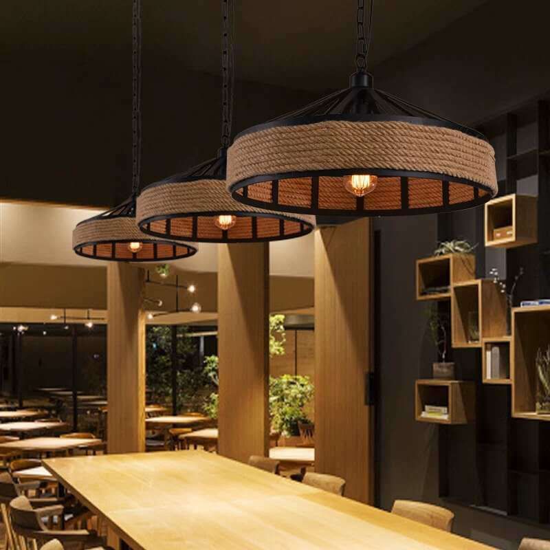 Rope Drum Pendant Light Fixture Warehouse-Style Restaurant Hanging Light Kit in Beige