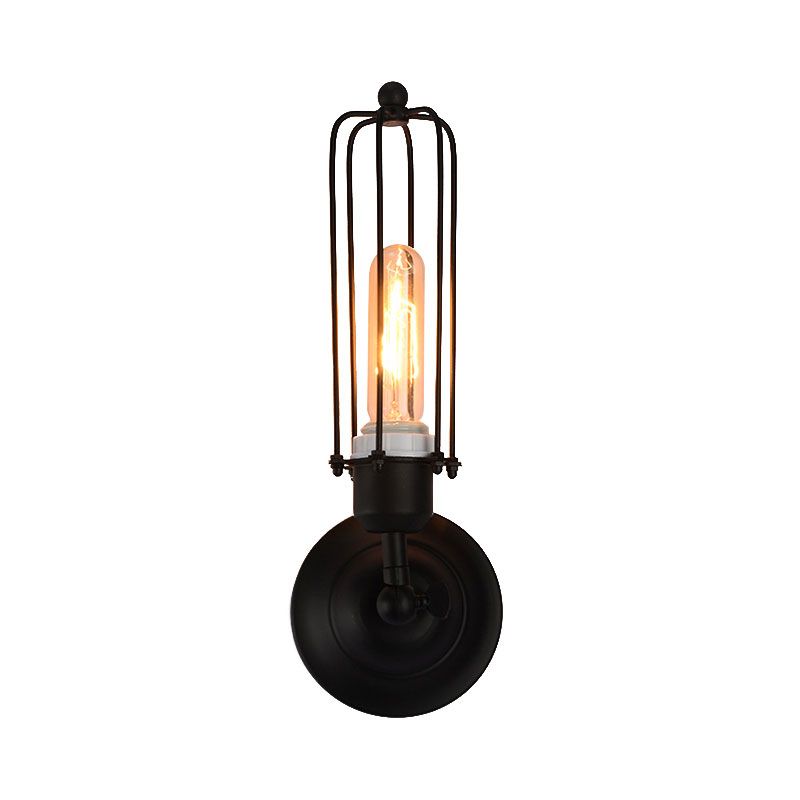 1/2-Bulb Linear Cage Sconce Lamp Industrial Black/Rust Metal Wall Light Fixture for Living Room