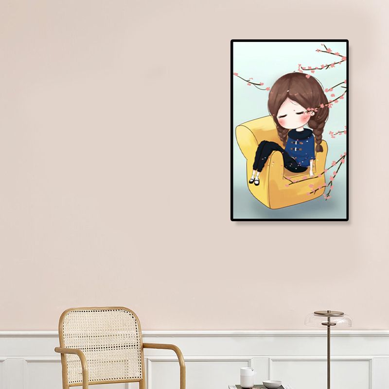 Cartoon Young Girl Art Print Soft Color Figure Drawing Canvas for Bedroom, Multiple Sizes