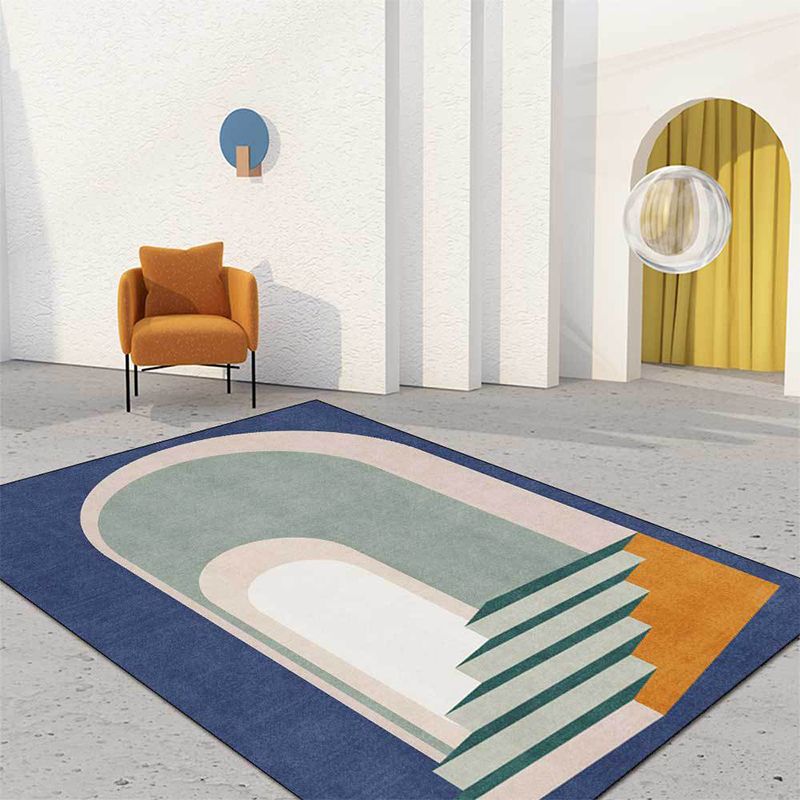 Moderne woonkamer vloerkleed in blauwe en groene kleurblokdeur Trap Tapijten Polyester Machine Wasbaar gebied Rug