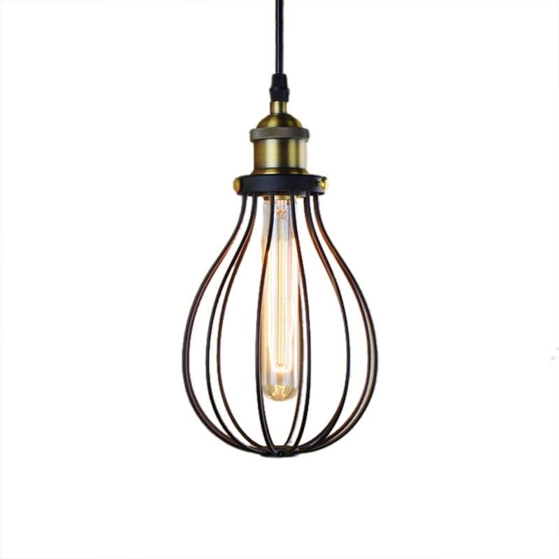 Metallic Black/Brass Pendant Ceiling Light Wire Cage 1 Light Vintage Industrial Ceiling Light with Bulb Shade