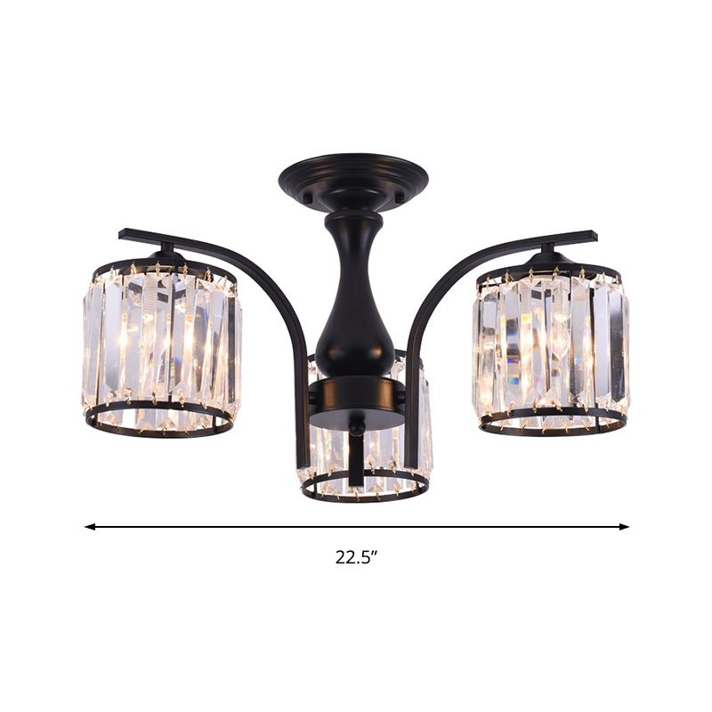 Cilinder semi-inbouwlamp met kristallen kap Scandinavisch metaal 3/5-lichts zwarte plafondlamp