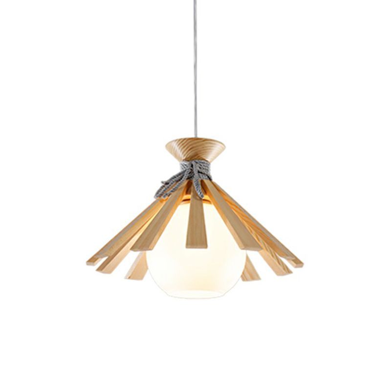 Conical Wood Slat Pendant Light Kit Modern 1-Light Down Lighting with Dome White Glass Shade
