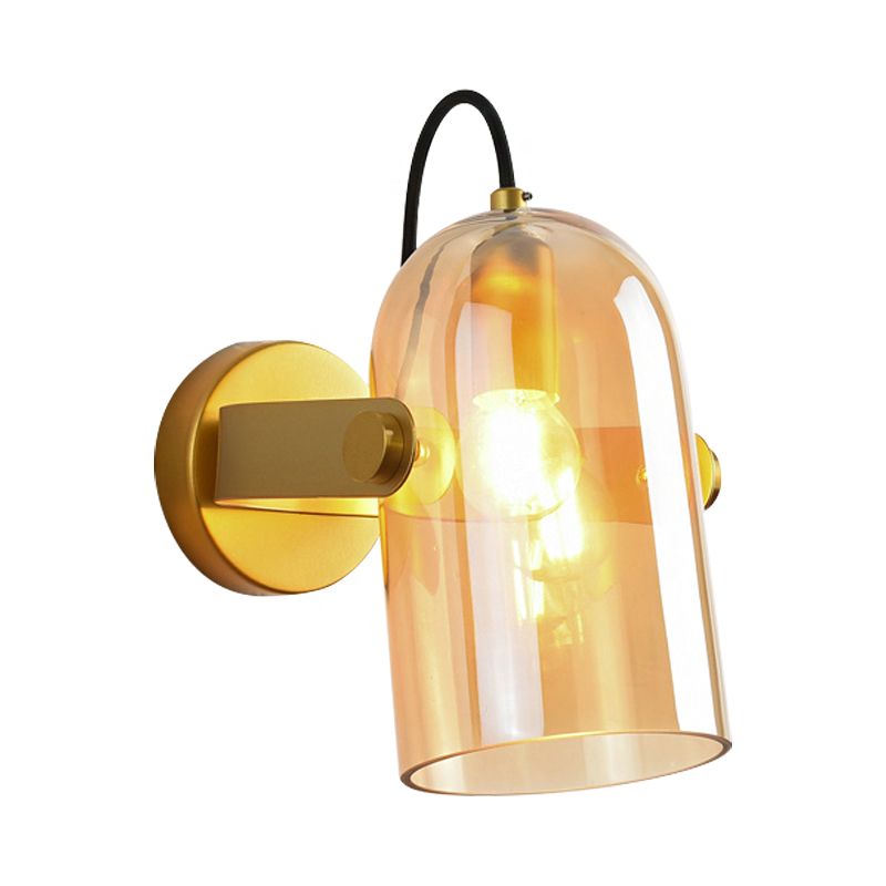 Retro Style Cloche Sconce Light 1 Bulb Amber/Blue/Smoke Gray Glass Bedroom Wall Mounted Lamp Kit in Brass Finish
