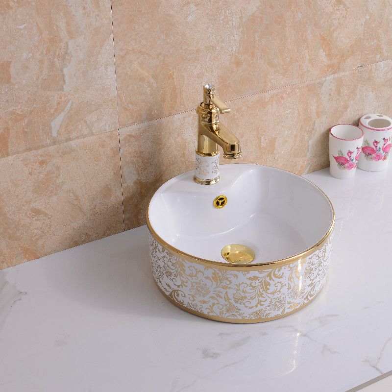 Traditional Vessel Bathroom Sink Oval Porcelain with Overflow Vessel