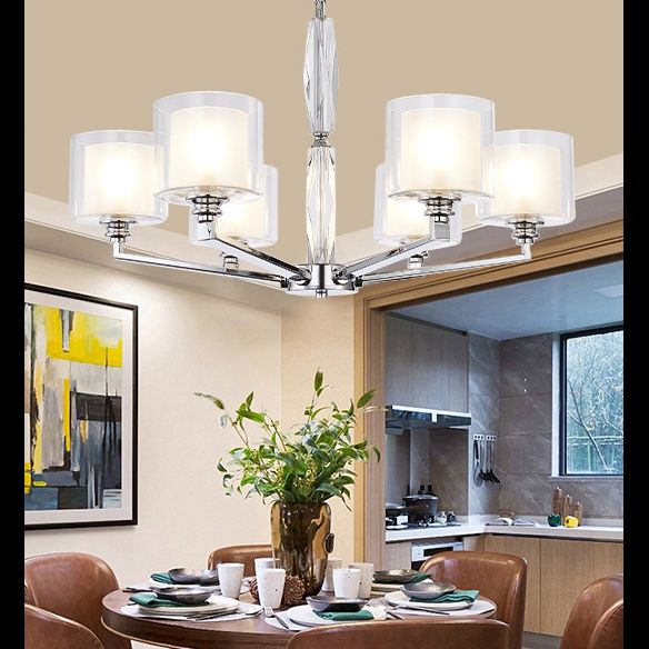Chrome Metal Radial Pendant Light Modern Cylindrical Clear Glass Shade Bedroom Chandelier Lighting