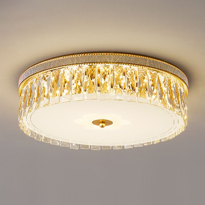 Gold Cylindrical LED Ceiling Light in Modern Luxury Style Crystal Indoor Flush Mount with Glass Shade