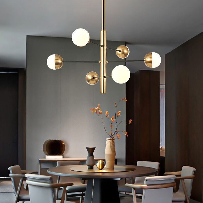 Gold Vertical Pendant Chandelier Postmodern Opal Ball Glass Hanging Light for Dining Room