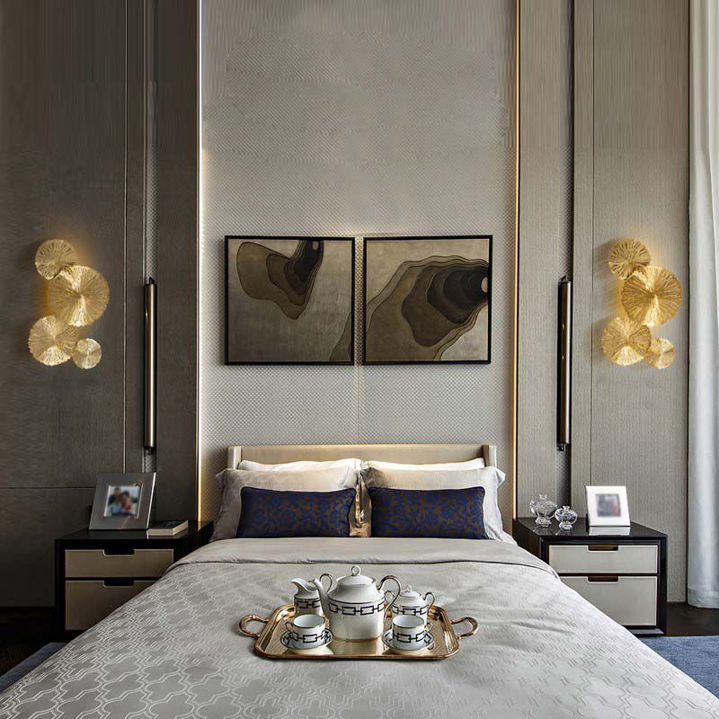 Luz de latón nórdica Luz de loto Forma de la hoja de múltiples luces de pared de luz en oro