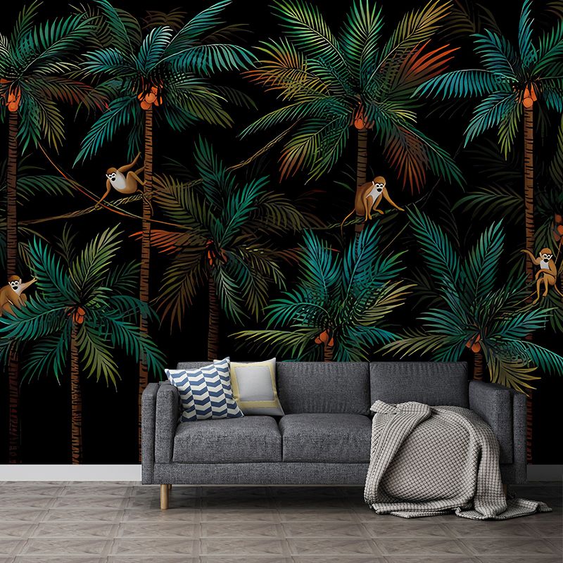 Tropical Coconut Jungle Wall Murals Dark Color Living Room Wall Decoration, Custom Size