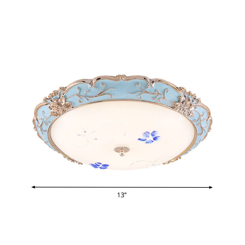 13"/16"/19.5" Wide LED Flush Mount Light with Floral Shade Opaque Glass Vintage Bedroom Ceiling Lighting in Light Blue, Warm/White Light