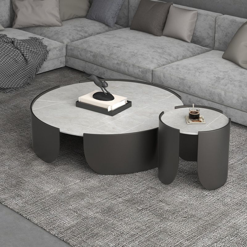 Modern Style White/black Rock Slab Top Round Metal Craft Coffee Table