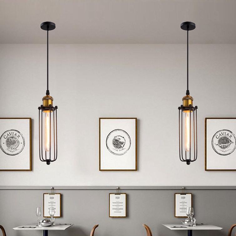 Vintage Industrial Cylindrical Wire Cage Pendant Light Black Metal Suspension Light for Living Room