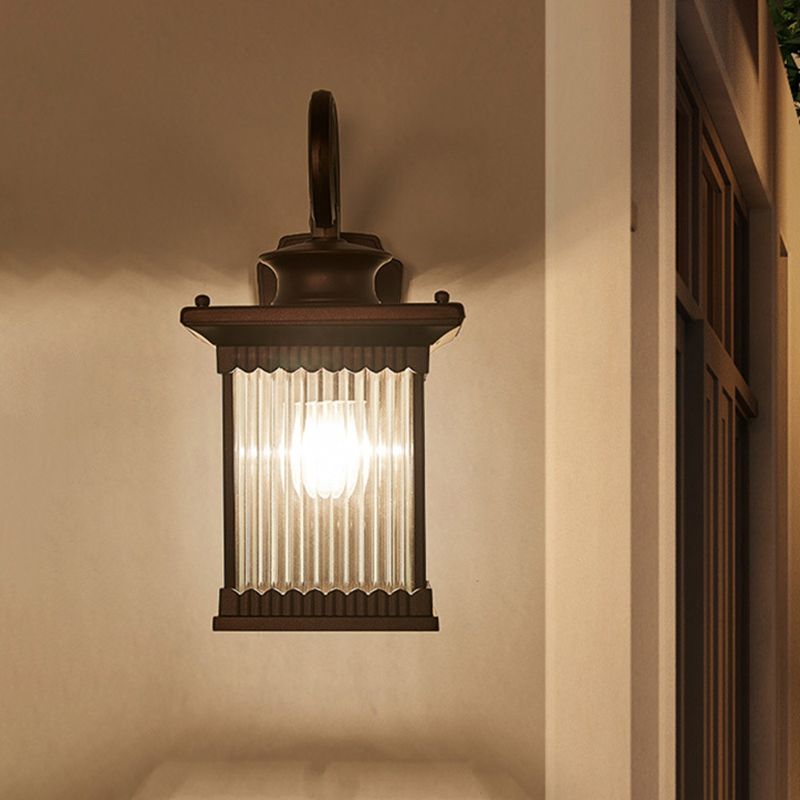 1-Head Clear Ribbed Glass Wall Light Rustic Black Finish Cuboid Outdoor Wall Sconce Lamp