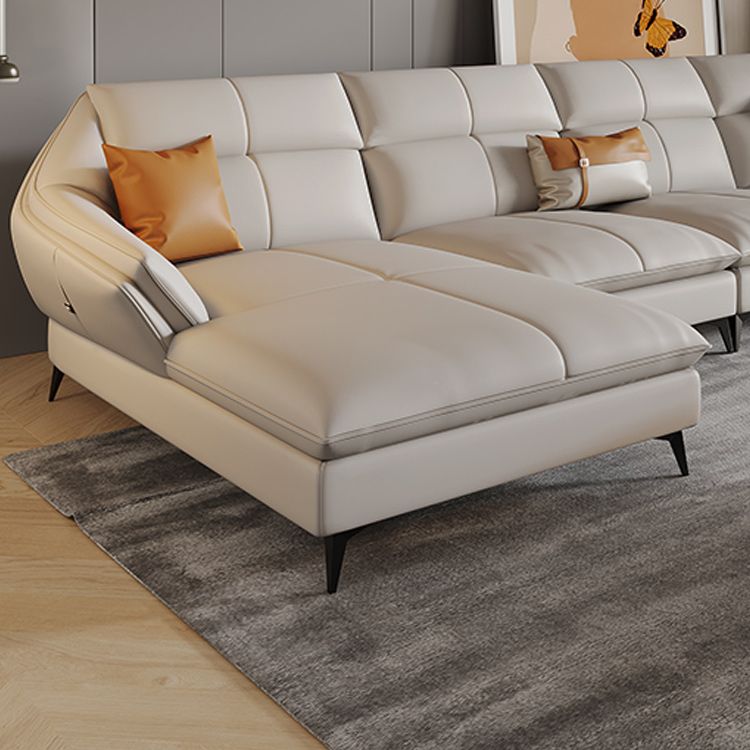 Scandinavian Sectional Sofa Pillowed Back Cushions White Leather Sectional