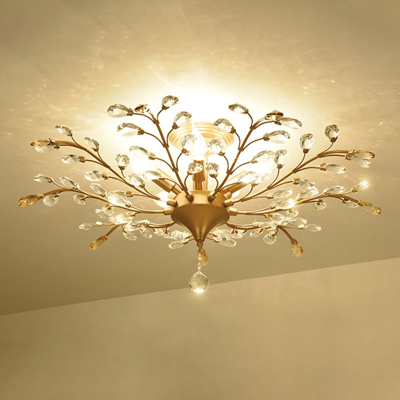 Unique Shape Crystal Flush Light Modern Style Multi Lights Flush Mount Fixture in Brass