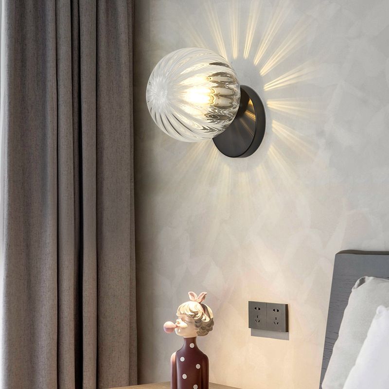 Globe Shade 1 - Light Wall Lighting Fixture in Black / Gold Iron & Glass Wall Fixture