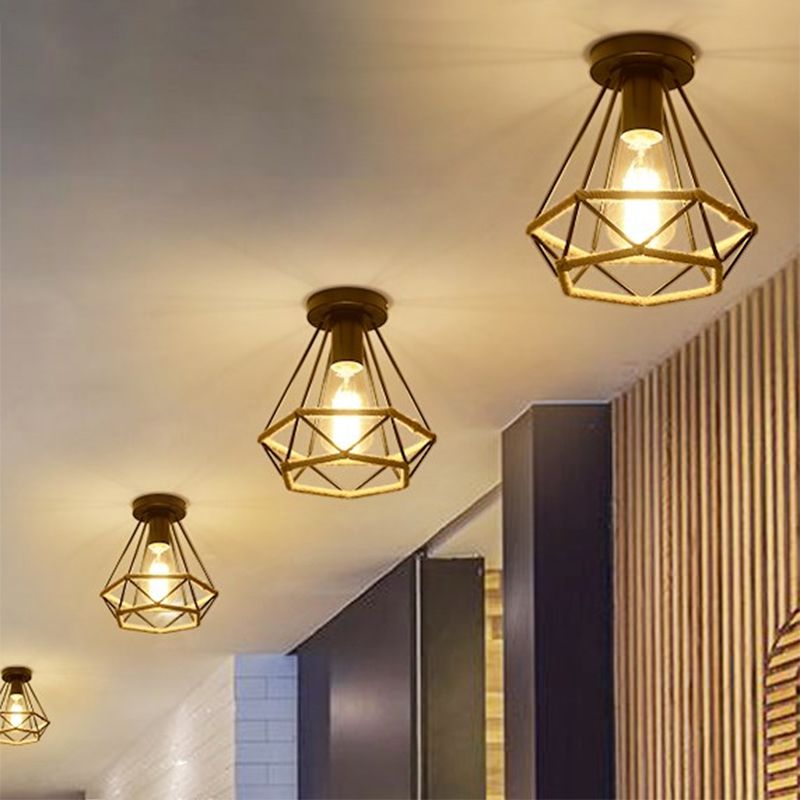 Zwart 1-lamp semi-inbouwlamp Lodge-stijl metaal en touw Globe/Diamant kooi-plafondarmatuur voor gang