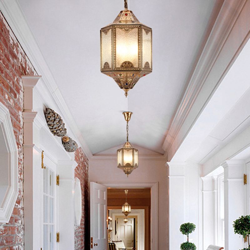 Frosted Glass Hexagonal Hanging Light Kit Decorative 3 Lights Porch Chandelier Lamp in Brass