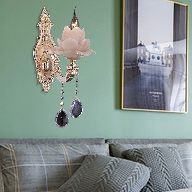 Lotus Wall Light Fixture Modernism Milky Glass 1/2 Heads Brass Sconce Light with Teardrop Crystal Accent