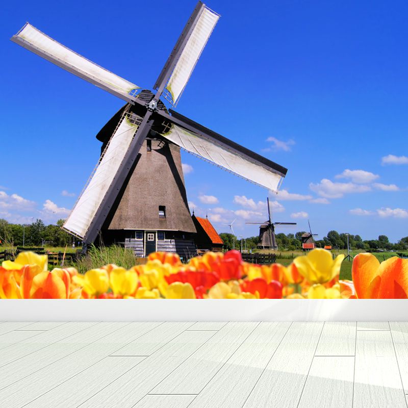 Large Static Windmill Mural Wallpaper Modern Landscape Wall Decor in Light Color