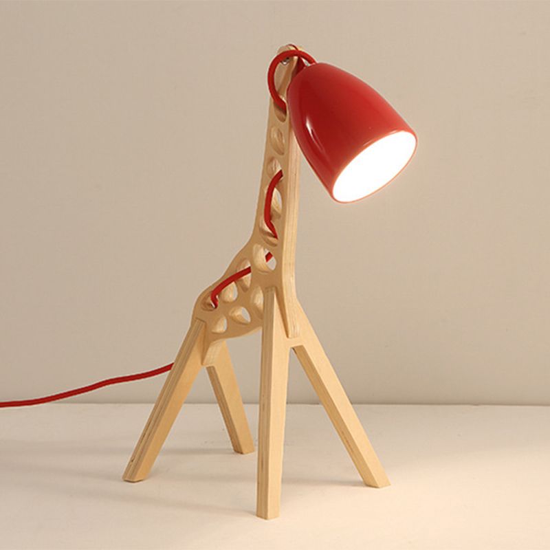 Cartoon Bell Night Light Metal 1-Light Bedroom Table Lamp in Blue/Red/Green with Standing Giraffe Wood Base