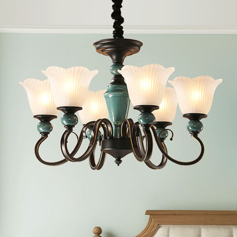 Flower Shade Ribbed Ruffled Glass Ceiling Lighting Traditional Living Room Chandelier Light Fixture