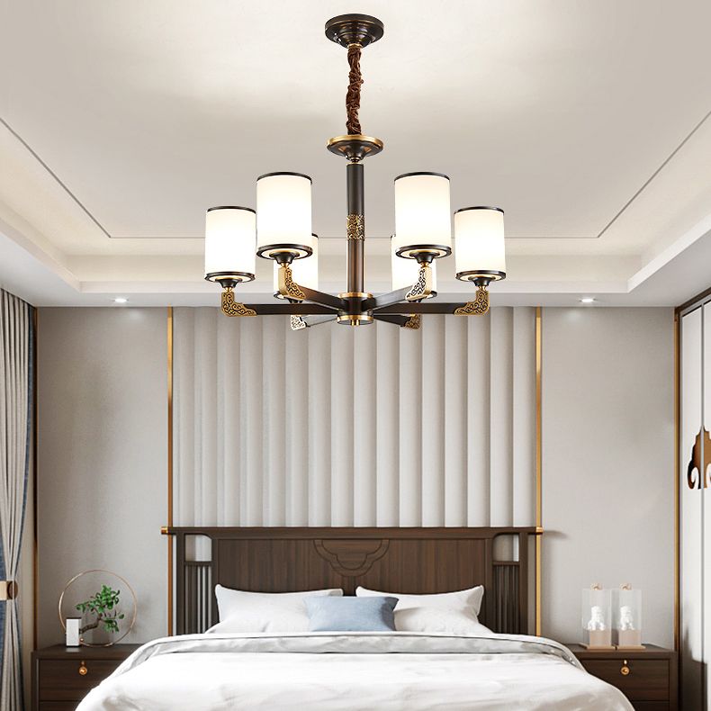 Modern Metal Pendant Light Cylindrical Glass Shade Chandelier Lighting for Bedroom