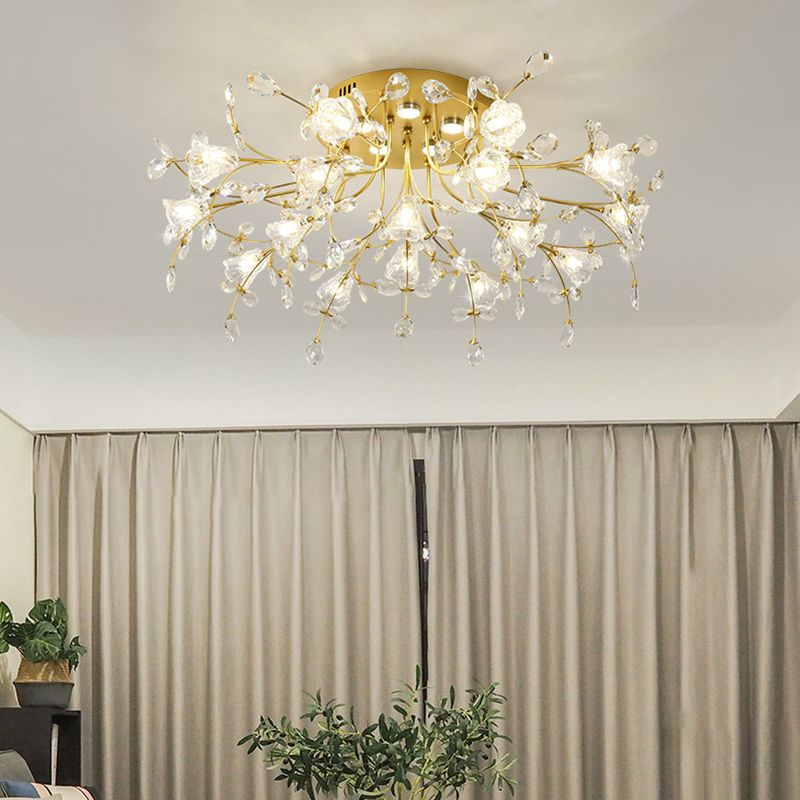 Contemporary Flower-Shaped Flush Light Crystal Flush Mount Ceiling Fixture in Gold
